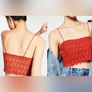 Zara Trafaluc Red Strappy Lace Crop Top Square Neckline Small